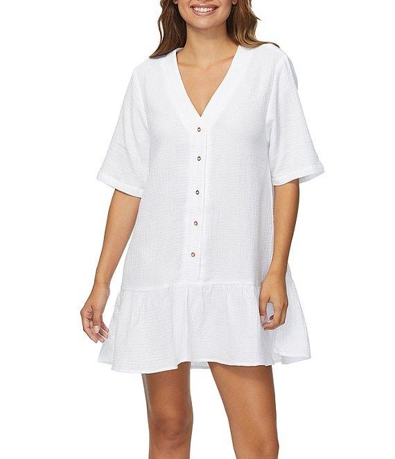 Raisins Solid Sol Flowy V-Neck Ruffle Hem Swim Cover-Up Dress Product Image
