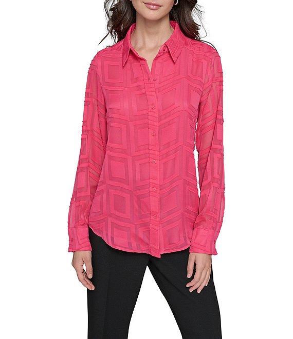 KARL LAGERFELD PARIS Textured Geometric Pattern Spread Collar Long Sleeve Button Front Blouse Product Image