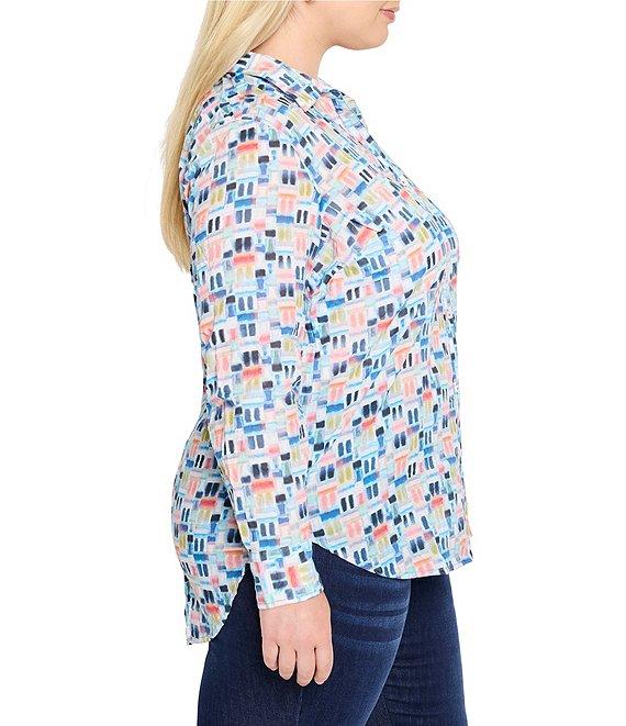 NIC + ZOE Plus Size Portofino Print Point Collar Long Sleeve Boyfriend Shirt Product Image