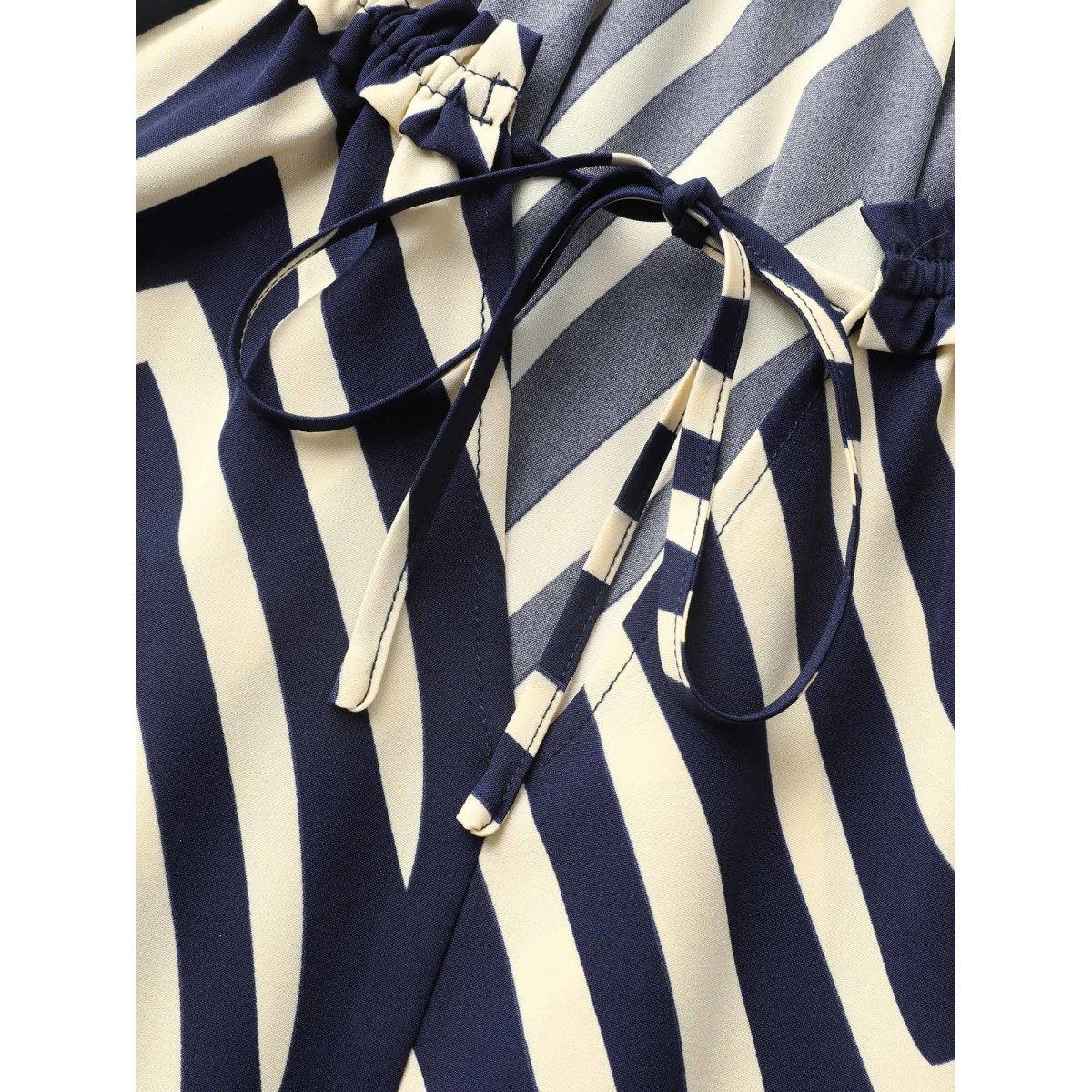 Plus Size Geometric Frill Trim Tie Knot Sleeveless Dress Navy Women At the Office Wraparound straps V-neck Sleeveless Curvy BloomChic 12/L Product Image