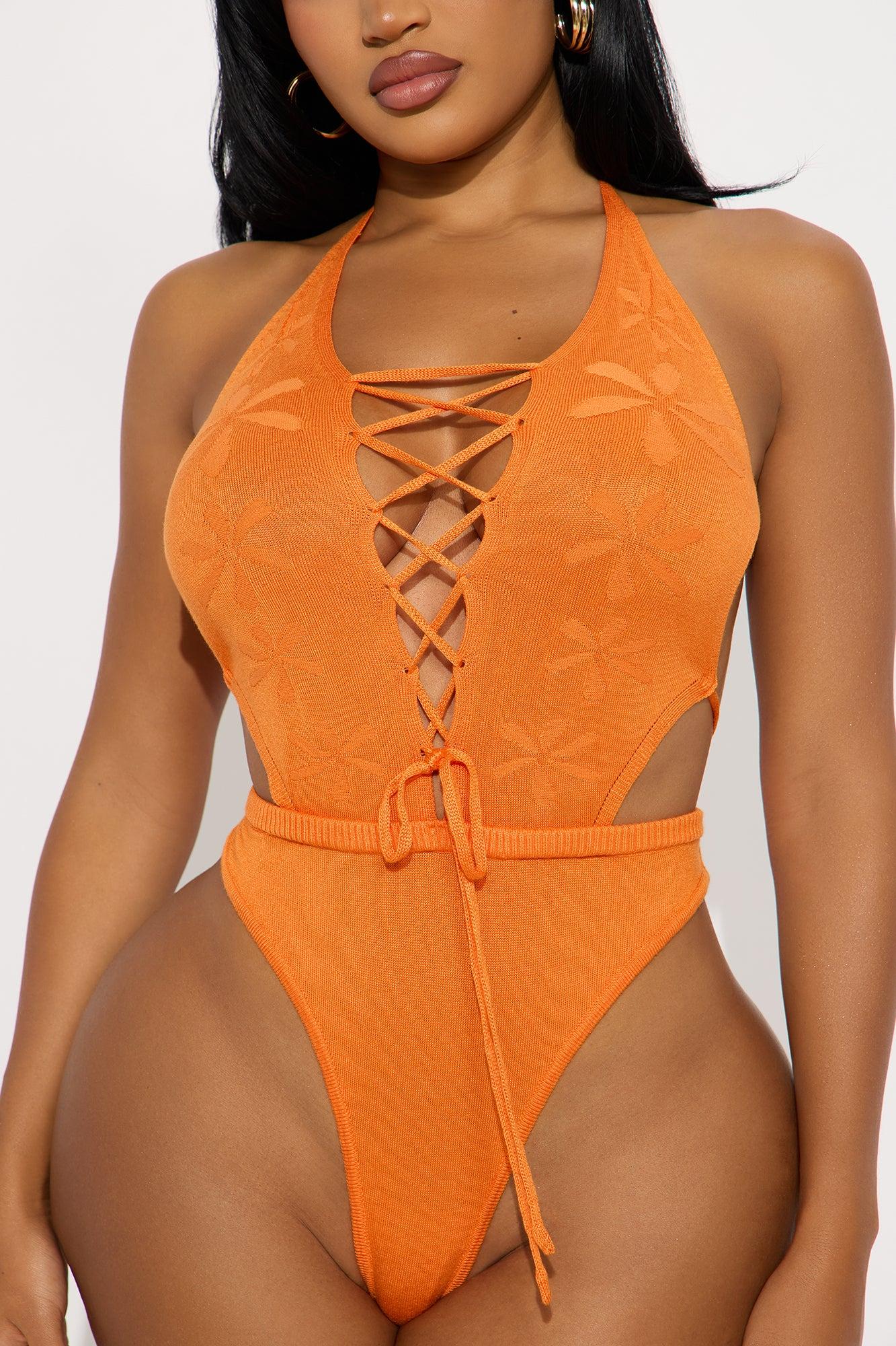 Solo Traveler Lace Up Halter Bodysuit - Orange Female Product Image
