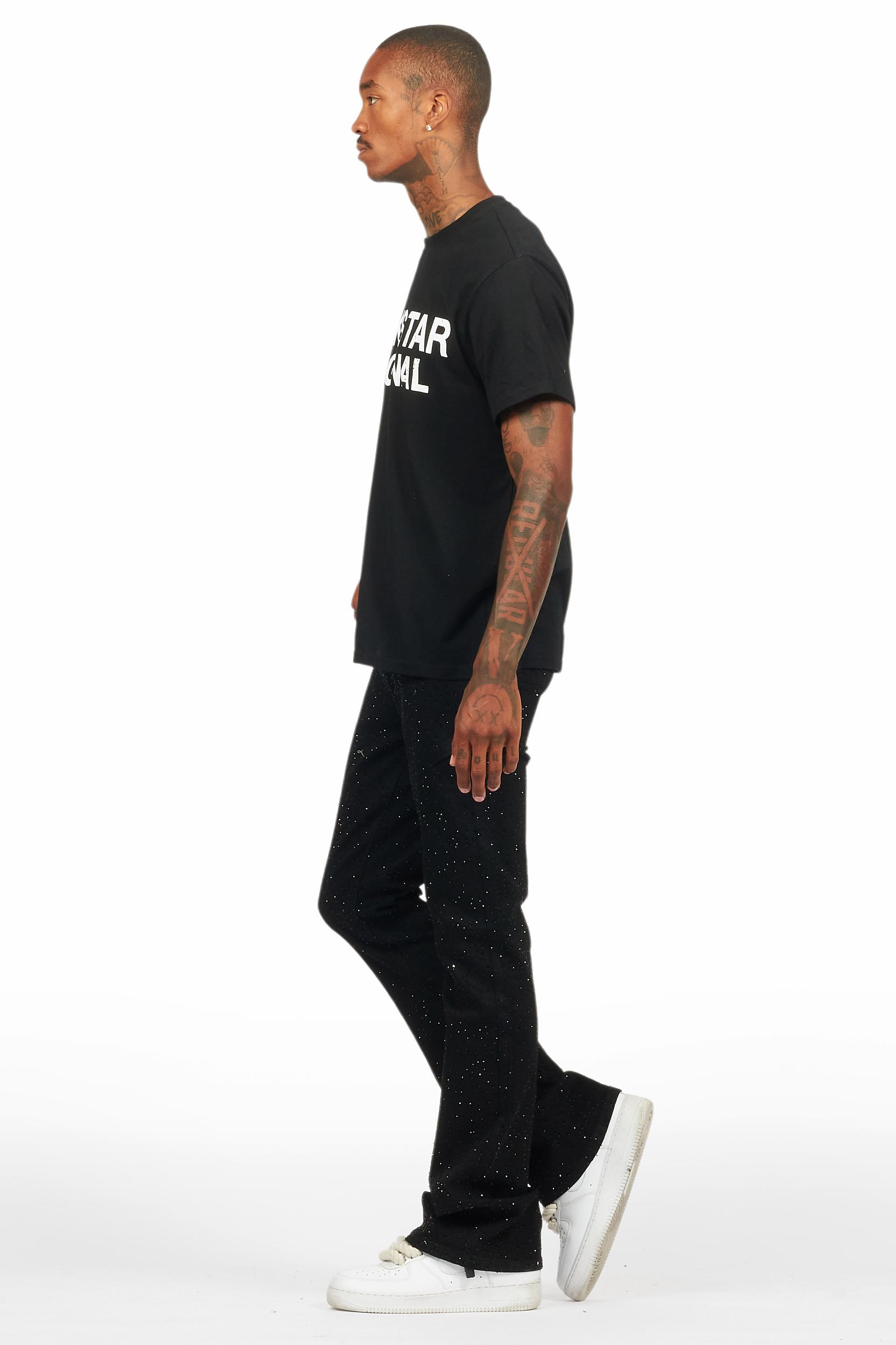 Lucki Black Rhinestone Stacked Flare Jean Male Product Image