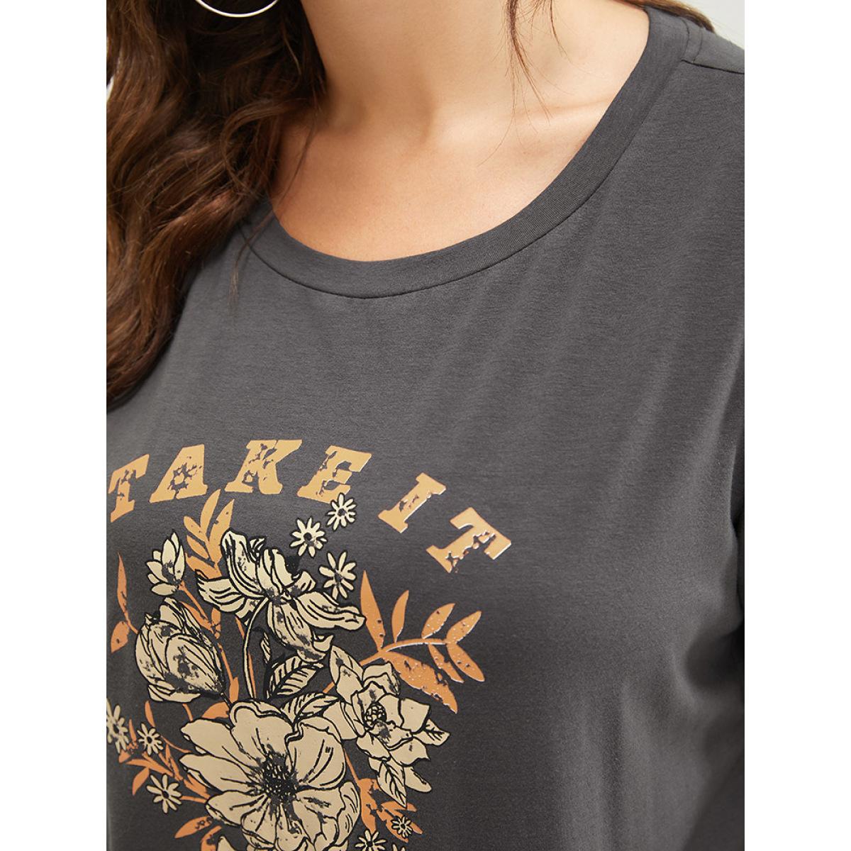 Plus Size Letter & Floral Print Crew Neck T-shirt DimGray Women Casual Natural Flowers Dailywear T-shirts BloomChic 28/5X Product Image