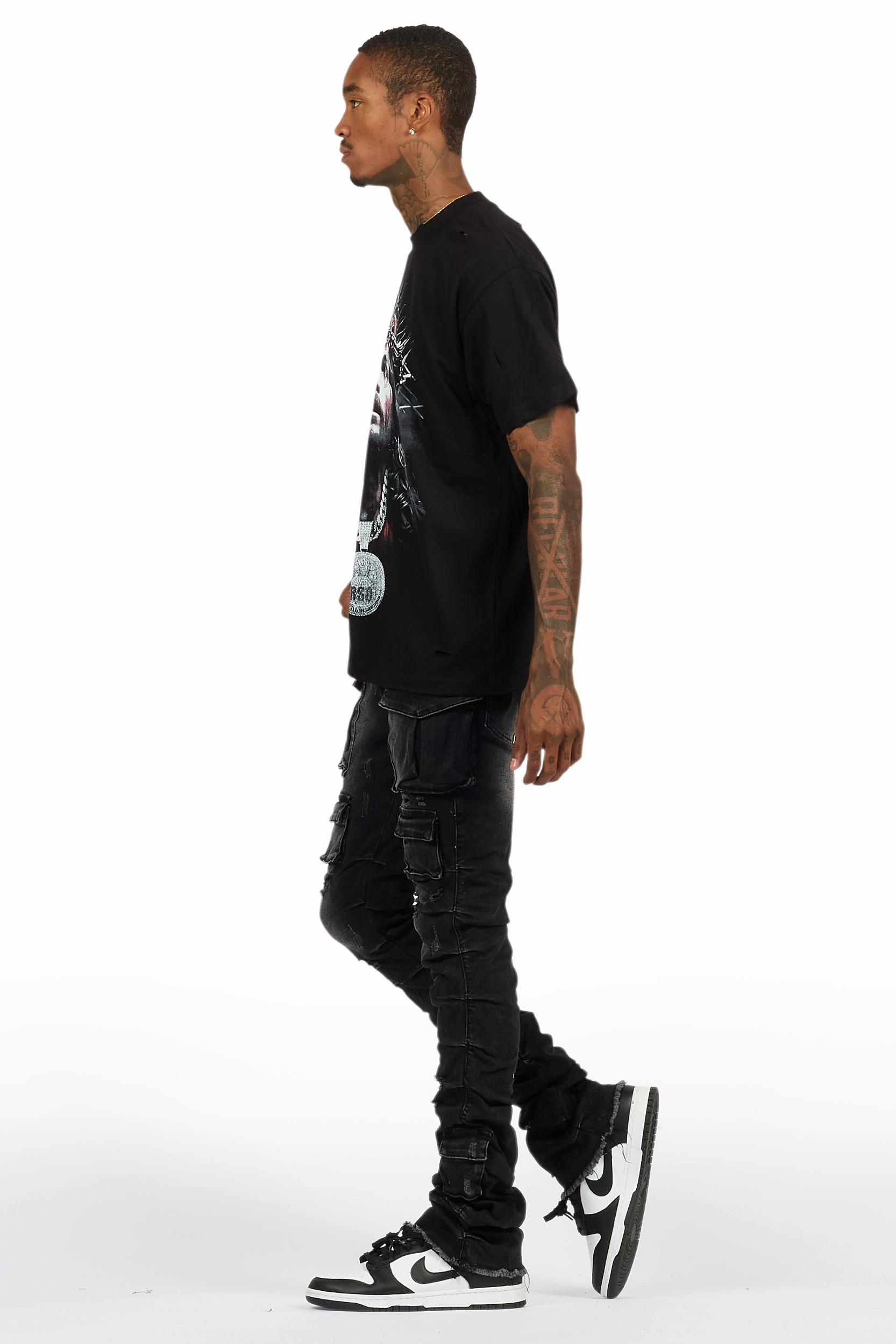 Amina Black Washed T-Shirt Stacked Flare Jean Set Male Product Image