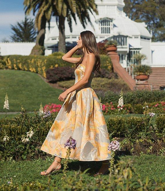 Mac Duggal Brocade Floral Print Strapless Neck Sleeveless A-Line Midi Dress Product Image