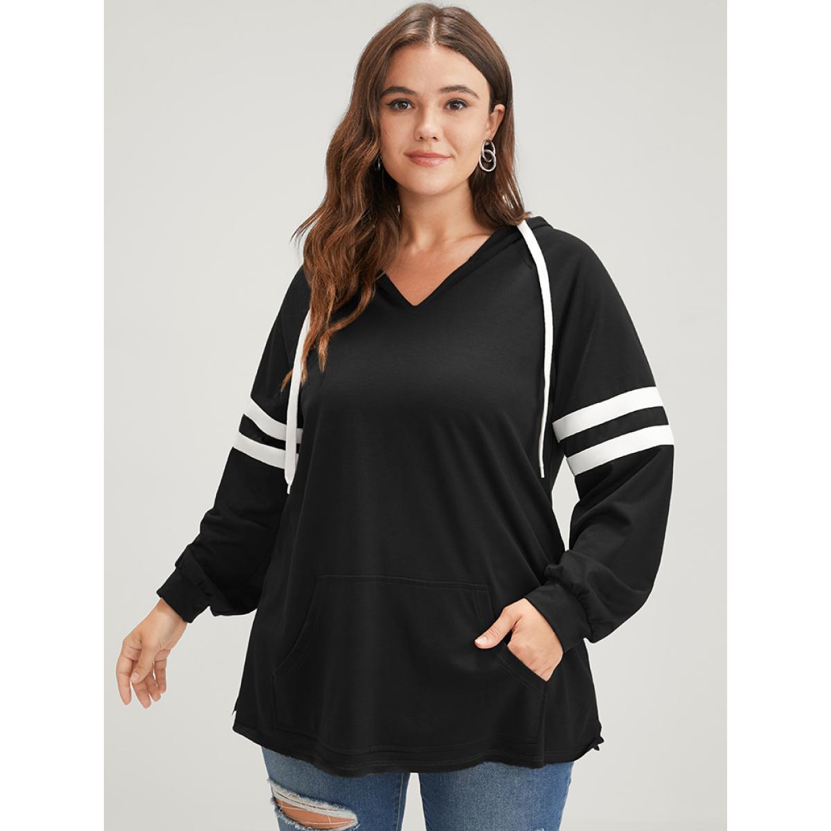 Plus Size Solid Contrast Pocket Drawstring Hooded Sweatshirt Women Black Casual Contrast Hooded Dailywear Sweatshirts BloomChic 22-24/3X Product Image