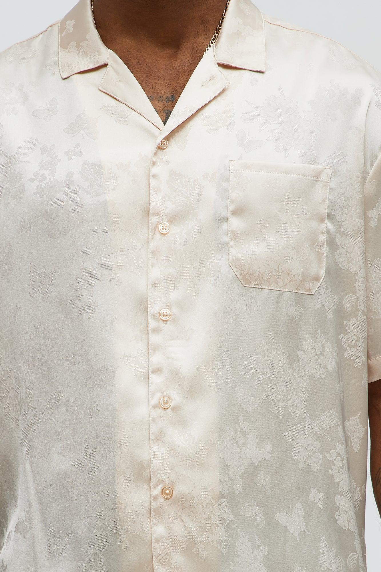 Satin Butterflies Short Sleeve Button Up Shirt - Ivory Male Product Image