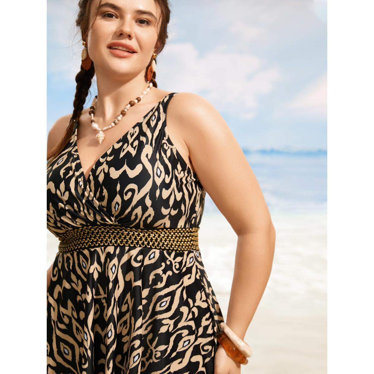 Plus Size Boho Print Overlap Collar Woven Ribbon Swim Dress Women's Swimwear Black Beach Bodycon Overlap Collar High stretch Curve Swim Dresses BloomChic 26/4X Product Image