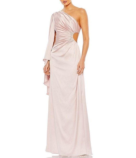 Mac Duggal One Shoulder Long Cape Sleeve Ruched Side Cut-Out Gown Product Image