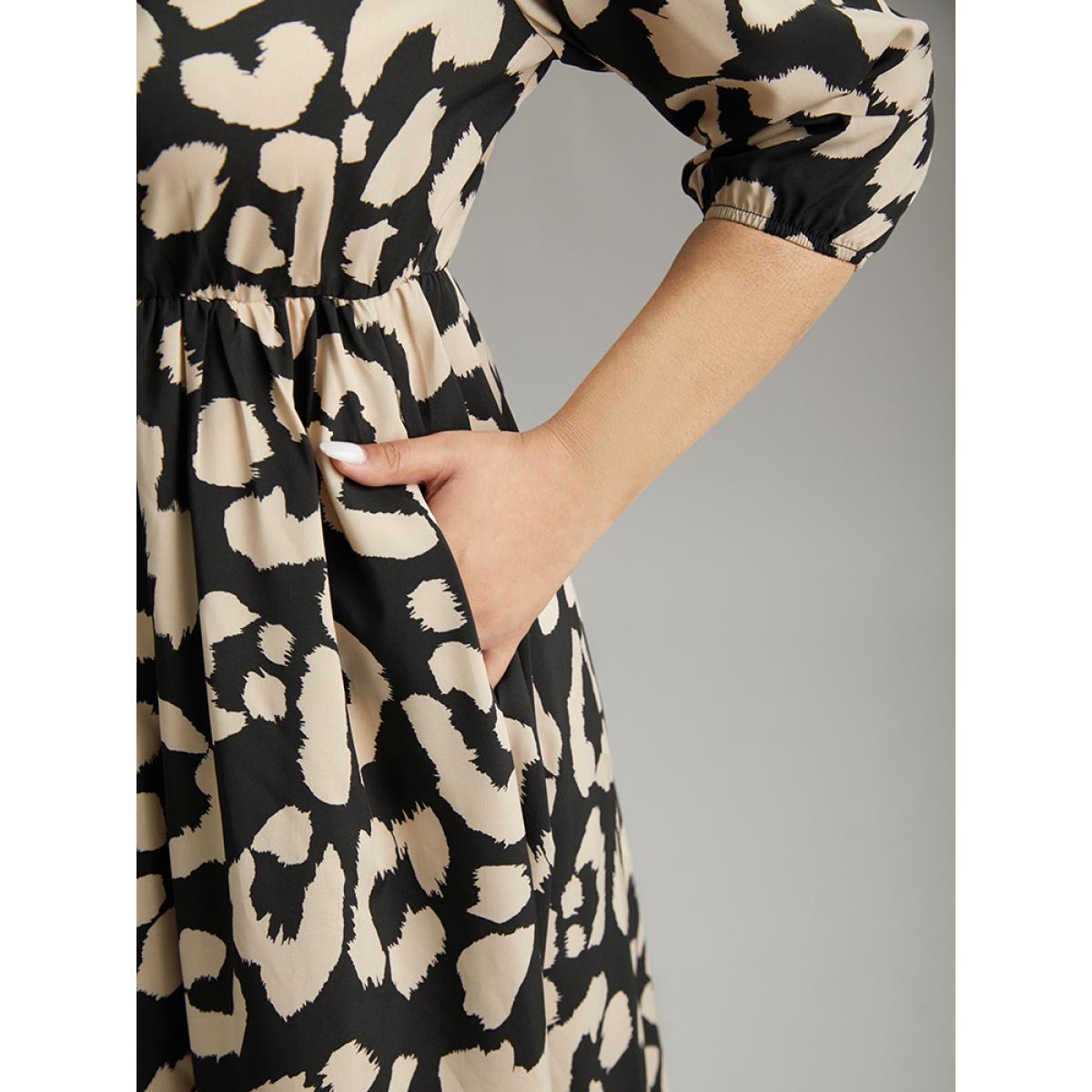 Plus Size Geometric Mock Neck Elastic Waist Pleated Dress DarkBrown Women Office Elastic cuffs Mock Neck Elbow-length sleeve Curvy Midi Dress BloomChic 30/6X Product Image