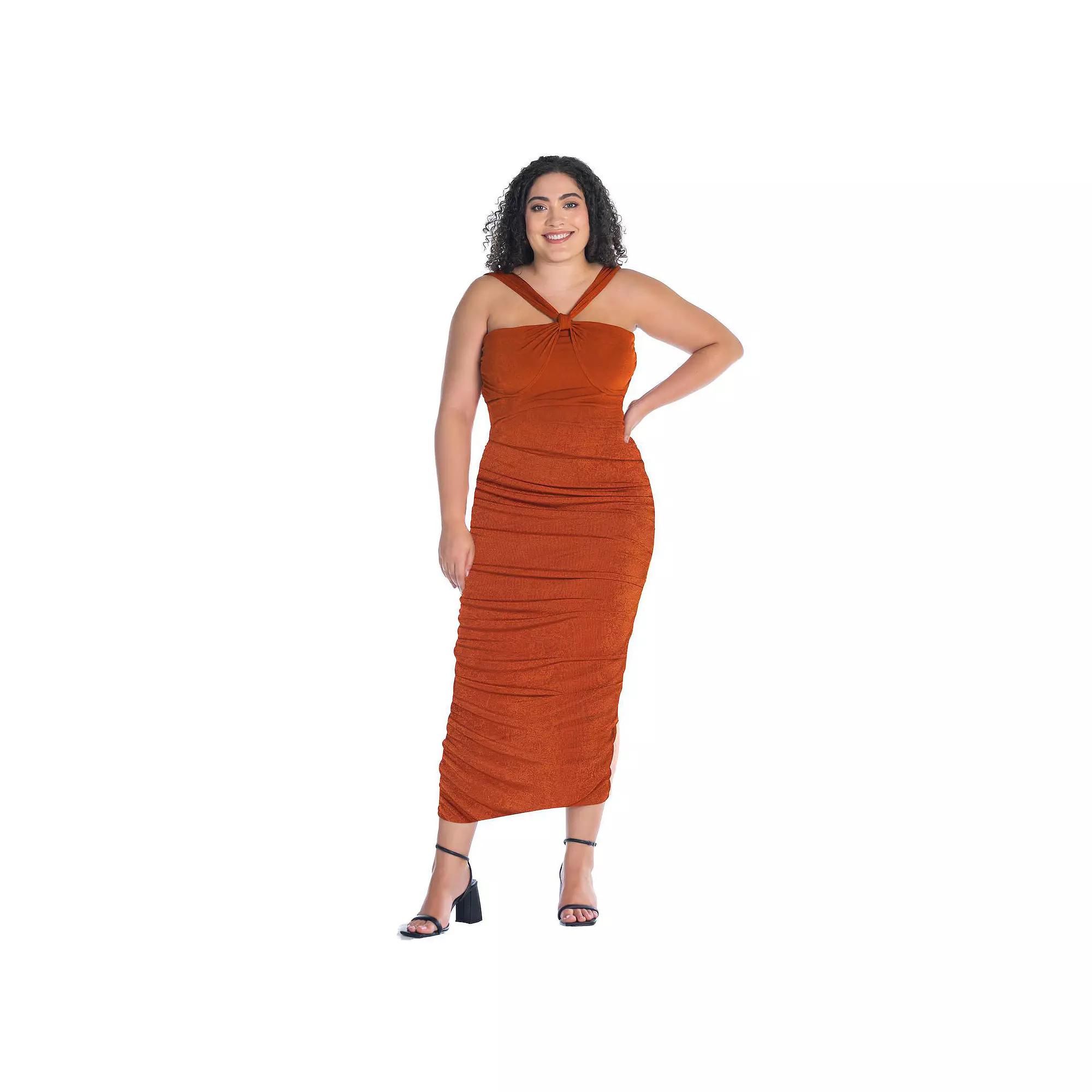 Plus Size 24Seven Comfort Apparel Halter Cross Neck Ruched Bodycon Midi Dress, Women's, Size: 3XL, Red Product Image