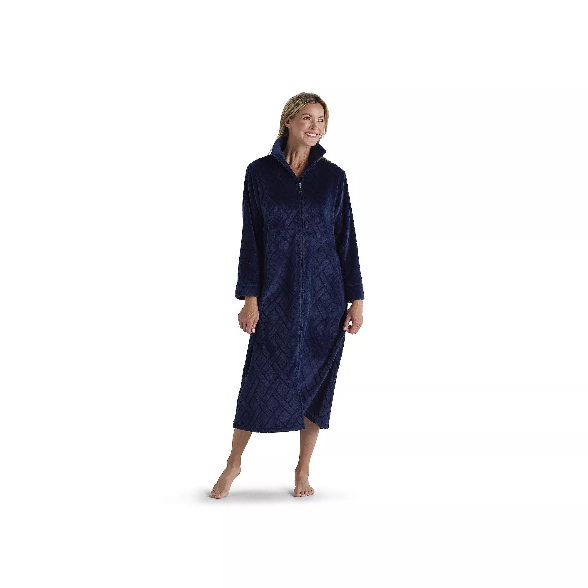 Petite Miss Elaine Essentials French Fleece Long Zip Robe, Womens Black Blue Product Image
