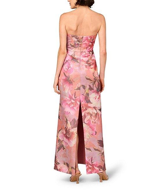 Aidan Mattox Strapless Pleated Waist Floral Printed Jacquard Sheath Gown Product Image