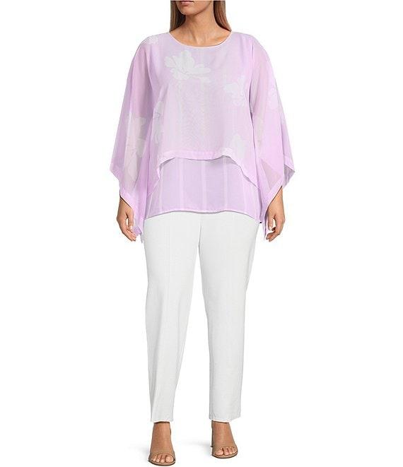 Slim Factor by Investments Plus Size Floral Print Chiffon 3/4 Sleeve Crew Neck Double Layer Top Product Image