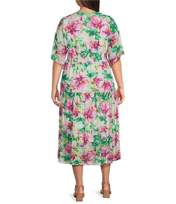 Calessa Plus Size Stretch Mesh Abstract New Floral Print V-Neck Short Sleeve Empire Waist Tiered Dress Product Image