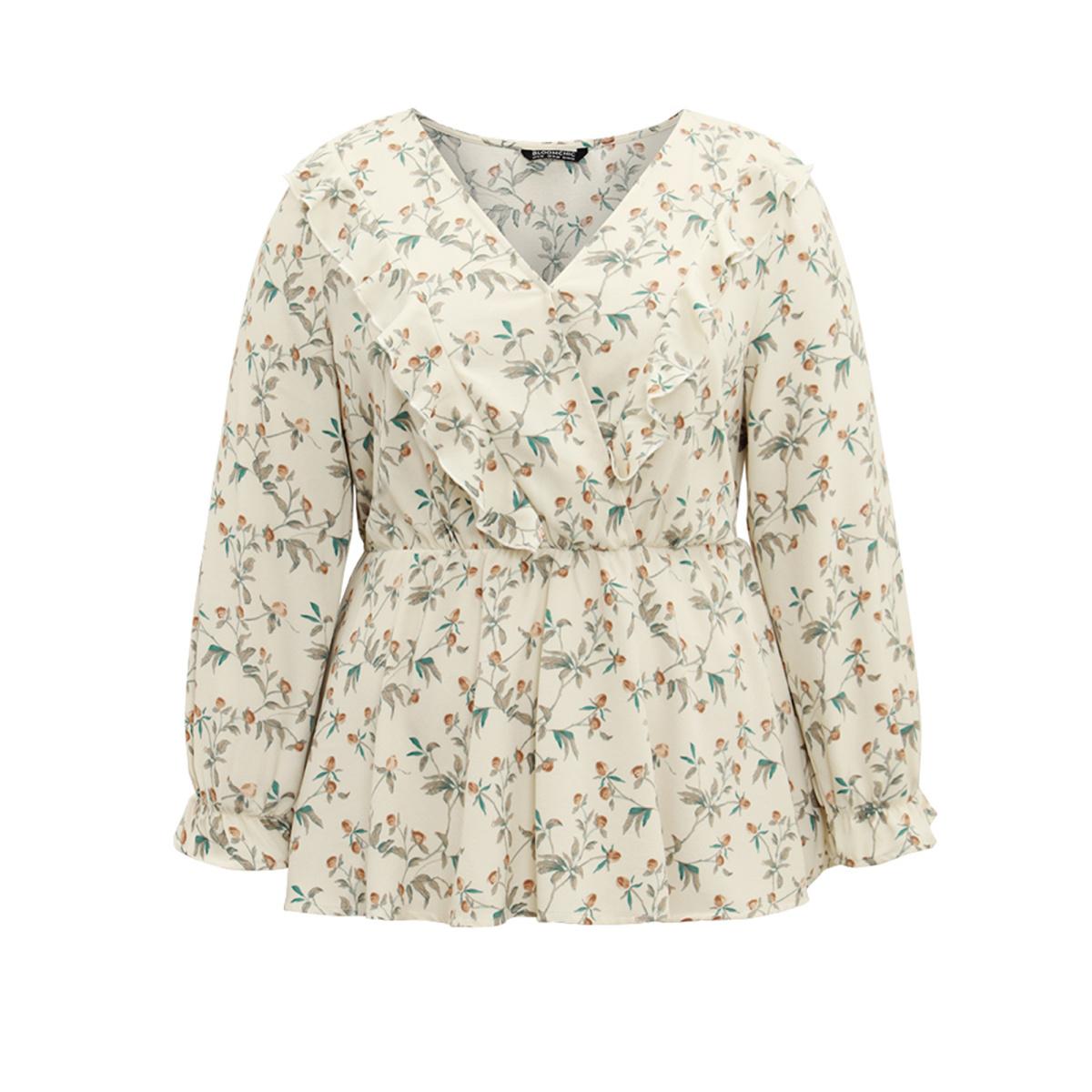 Plus Size Apricot Ditsy Floral Overlap Collar Ruffle Trim Blouse Women Elegant Long Sleeve Overlap Collar Everyday Blouses BloomChic 14-16/1X Product Image