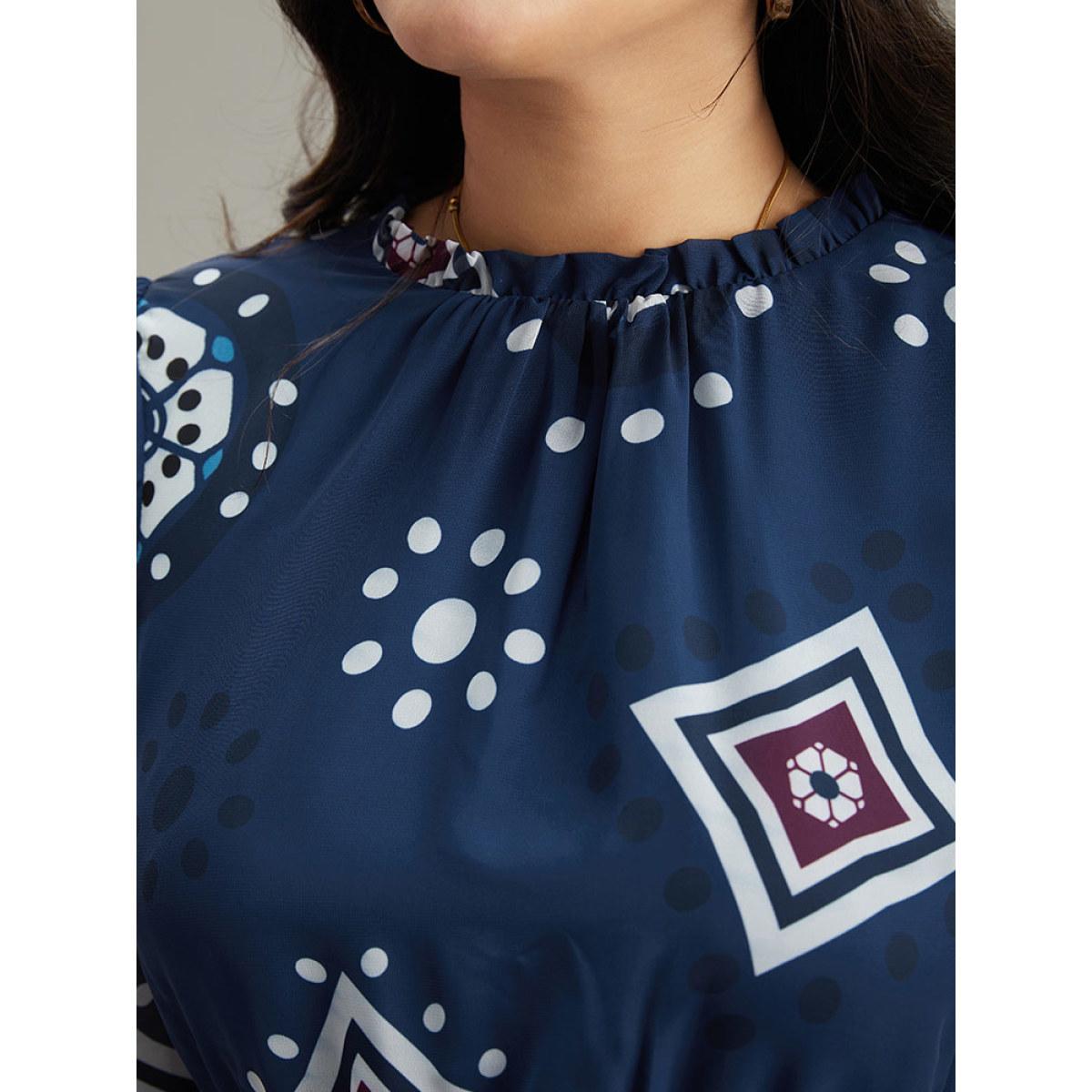 Plus Size Geometric Mesh Stand Collar Frill Trim Dress DarkBlue Women Vacation Elastic cuffs Stand-up collar Elbow-length sleeve Curvy Midi Dress BloomChic 26/4X Product Image