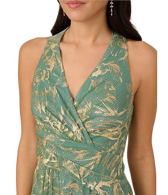 Adrianna Papell Sheath Pleated Bodice V-Neck Sleeveless Metallic Crinkle Chiffon Midi Dress Product Image