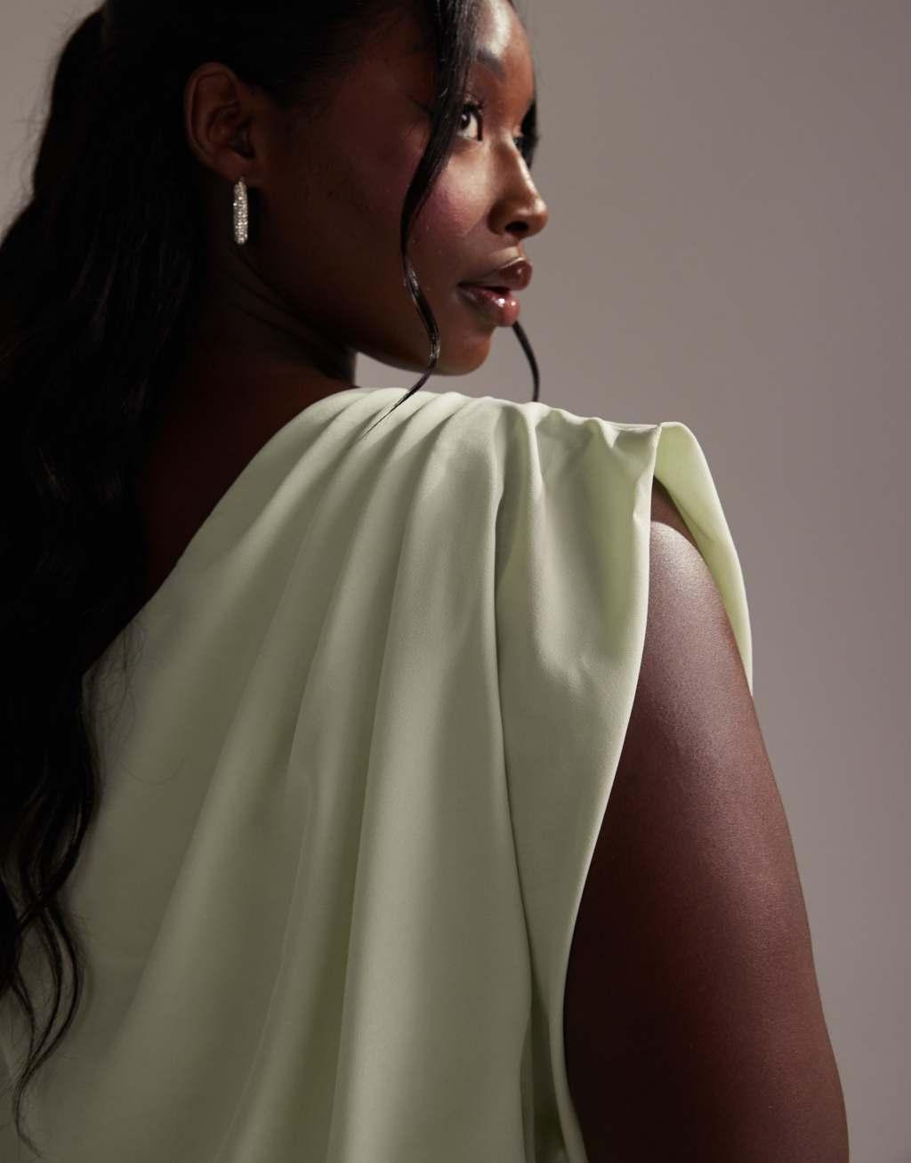 ASOS DESIGN Curve Bridesmaids crepe one shoulder draped maxi dress in light green Product Image