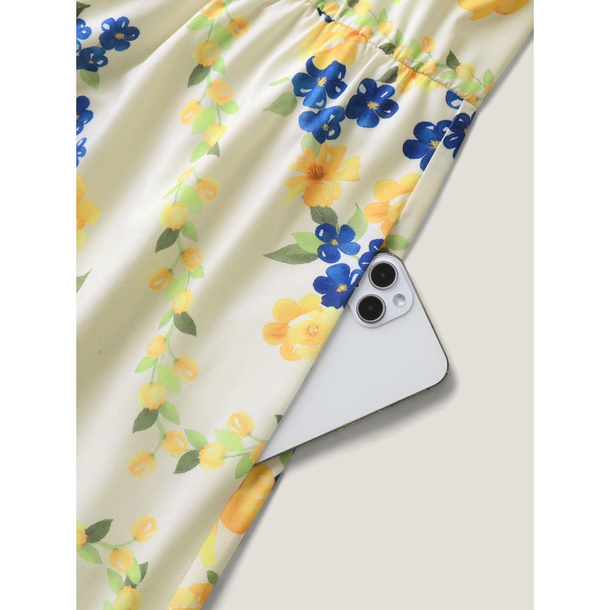 Plus Size Floral Fun Print Stretchy Waist Midi Dress Ivory Women Square Neck Short sleeve Curvy BloomChic 22-24/3X Product Image