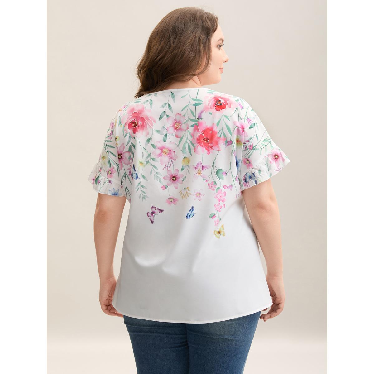 Plus Size Opticwhite Floral Bodice Round Neck Flared Blouse Women Elegant Short sleeve Round Neck Everyday-Elegant Blouses BloomChic 10/M Product Image