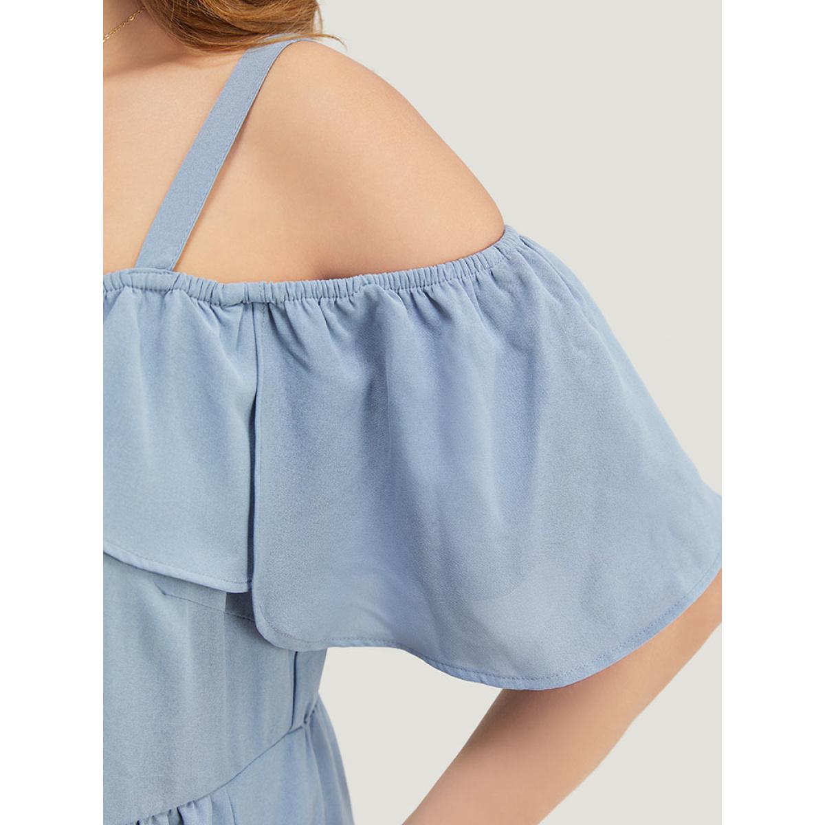 Plus Size Plain Ruffle Trim Pocket Cold Shoulder Button Detail Dress Stone Women Vacation Adjustable Straps One-shoulder neck Short sleeve Curvy Midi Dress BloomChic 12/L Product Image