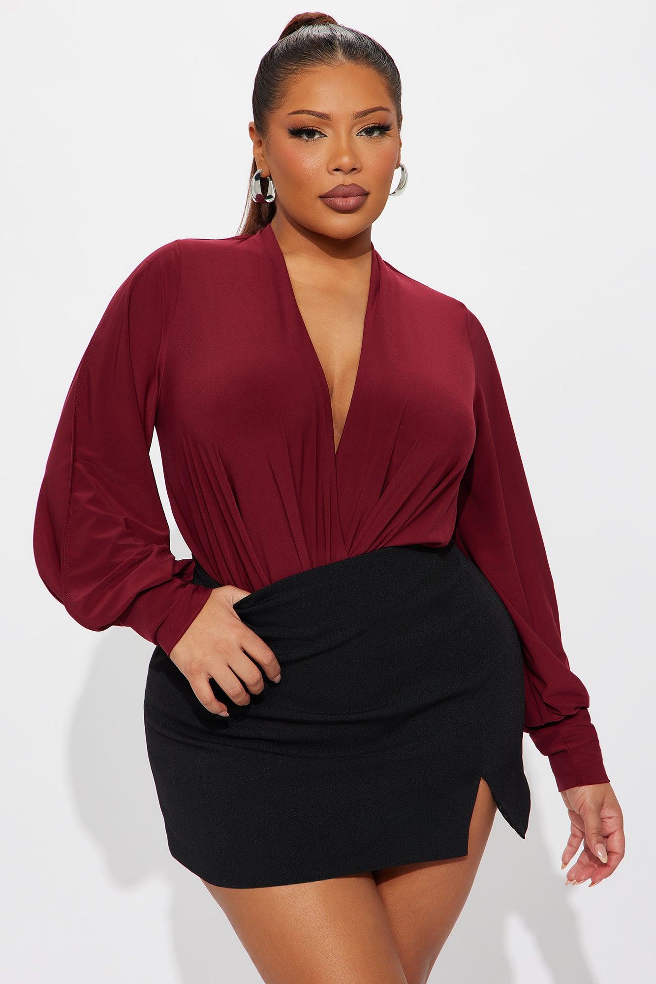 Odette Long Sleeve Surplice Bodysuit - Burgundy Female Product Image