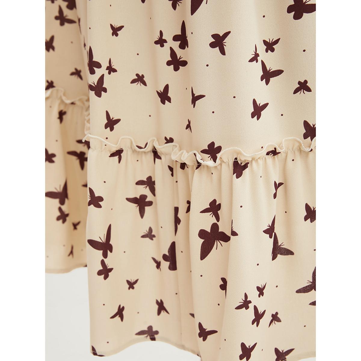 Plus Size Butterfly Print Shirred Raglan Sleeve Pocket Flutter Dress Apricot Women Elegant Gathered Round Neck Half Sleeve Curvy Midi Dress BloomChic 22-24/3X Product Image