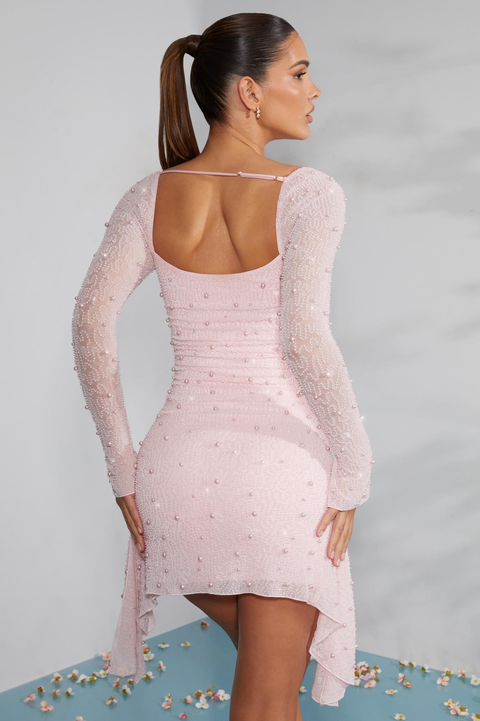 Long Sleeve Embellished Cowl Neck Mini Dress in Blush Product Image