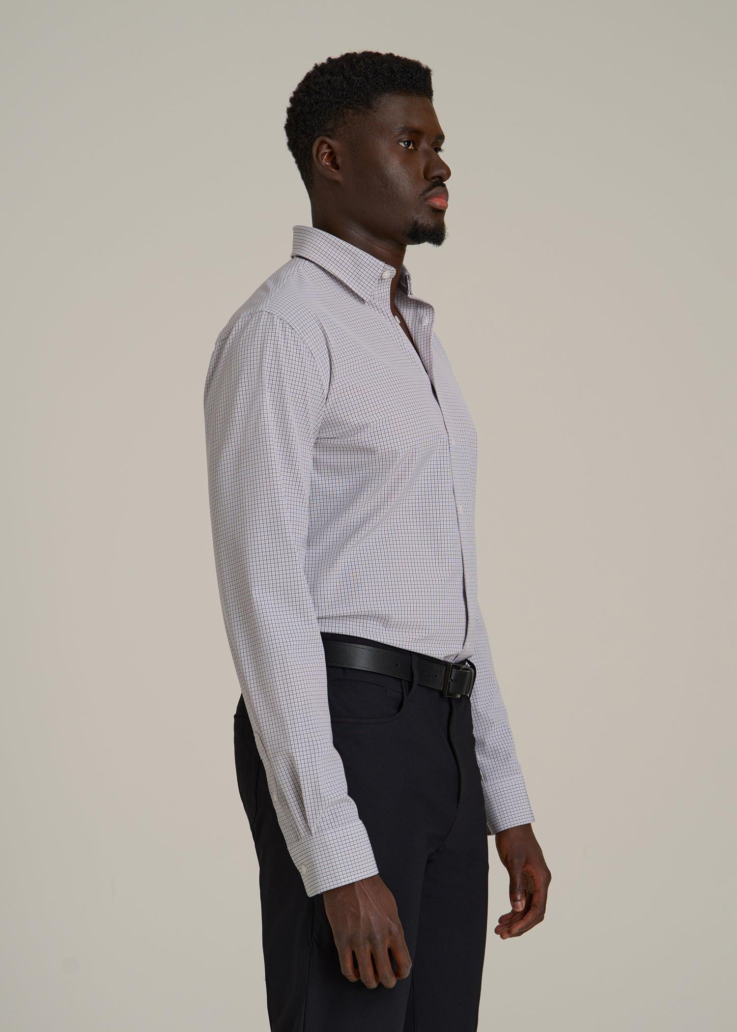 Traveler Stretch Dress Shirt for Tall Men in Grey Mini Plaid Male Product Image