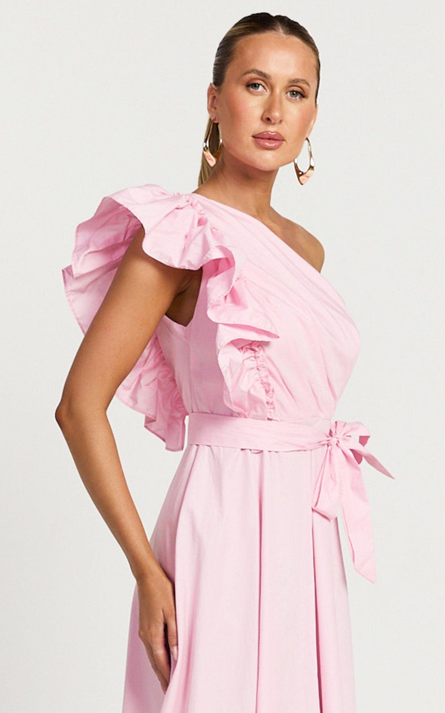 Almeida Midi Dress - One Shoulder Ruffle Detail Belted Dress in Pink Product Image