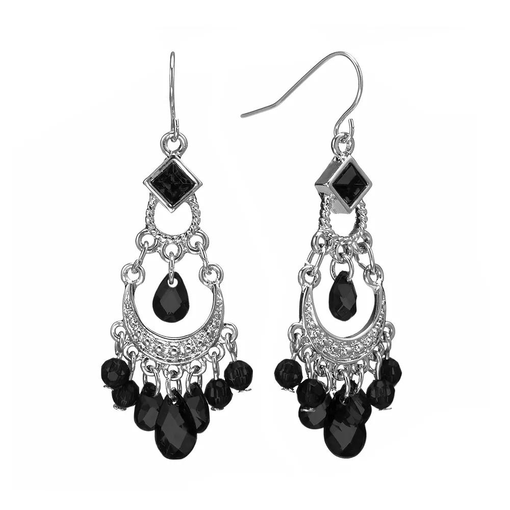 1928 Silver Tone Bead Chandelier Earrings, Women's, Black Product Image
