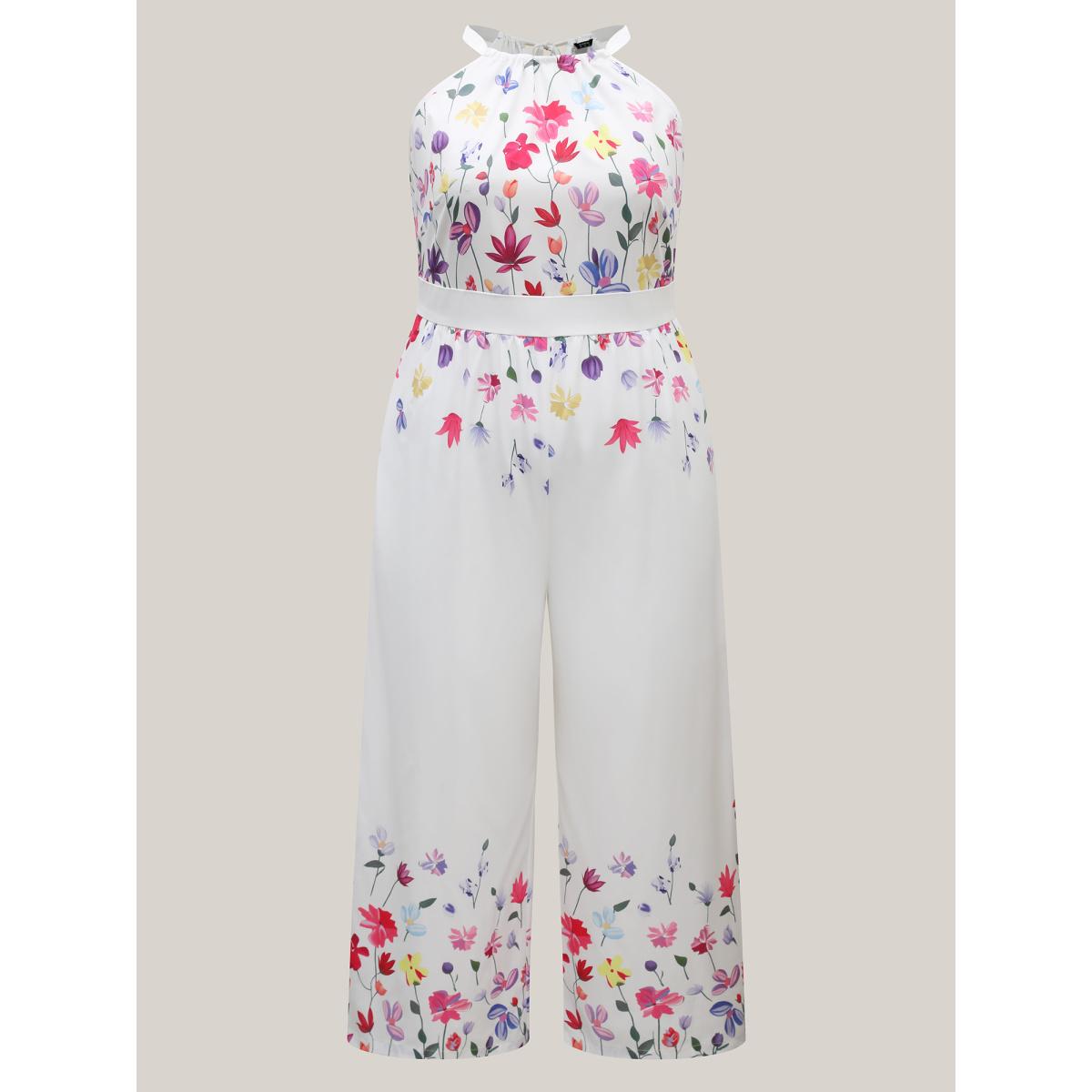Plus Size WhiteSmoke Floral Dance Halter Neck Wide-Leg Jumpsuit Women Sleeveless Halter neck Everyday-Elegant Loose Jumpsuits BloomChic 14-16/1X Product Image