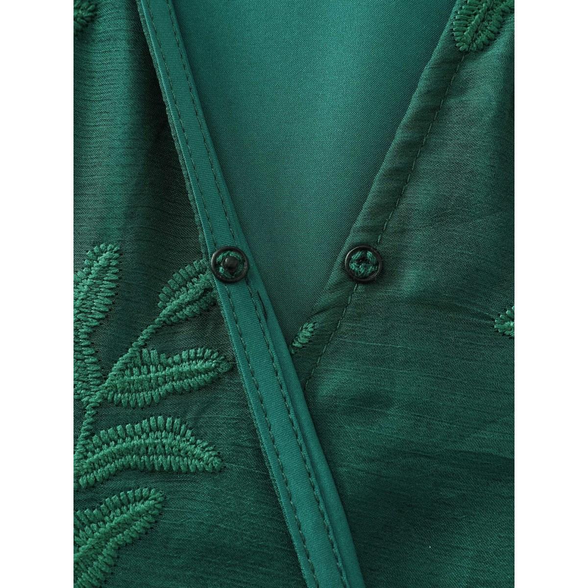 Plus Size Floral Embroidered Layered Hem Midi Dress DarkGreen Women Timeless Overlapping Overlap Collar Extra Long Sleeve Curvy BloomChic 12/L Product Image