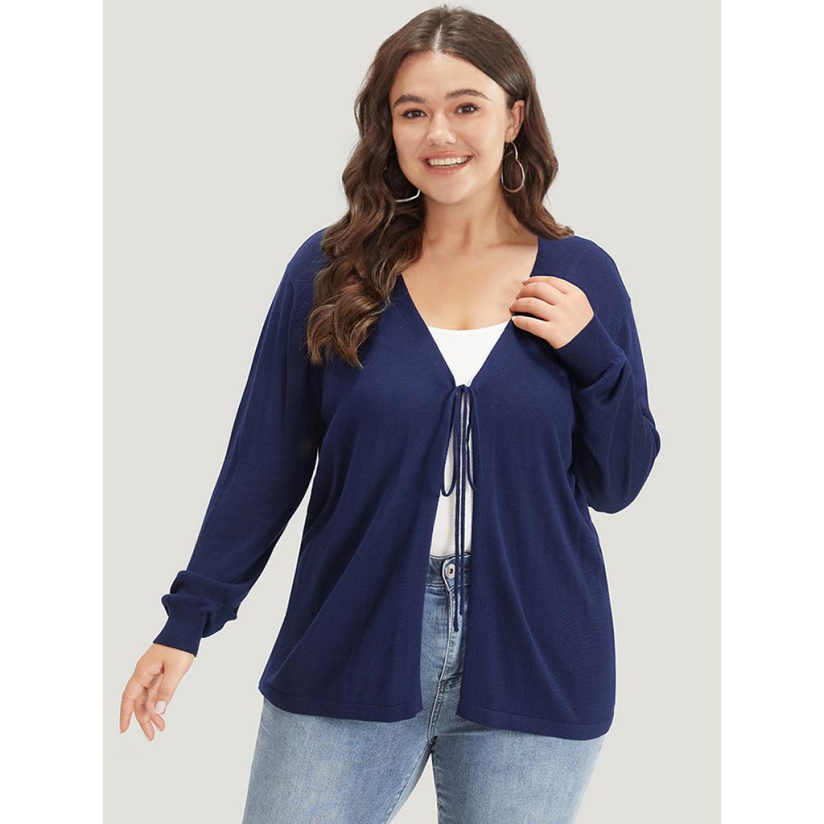 Plus Size Supersoft Essentials Plain Tie Front Elastic Cuffs Cardigan Indigo Women Casual Loose Long Sleeve Everyday Cardigans BloomChic 14-16/1X Product Image