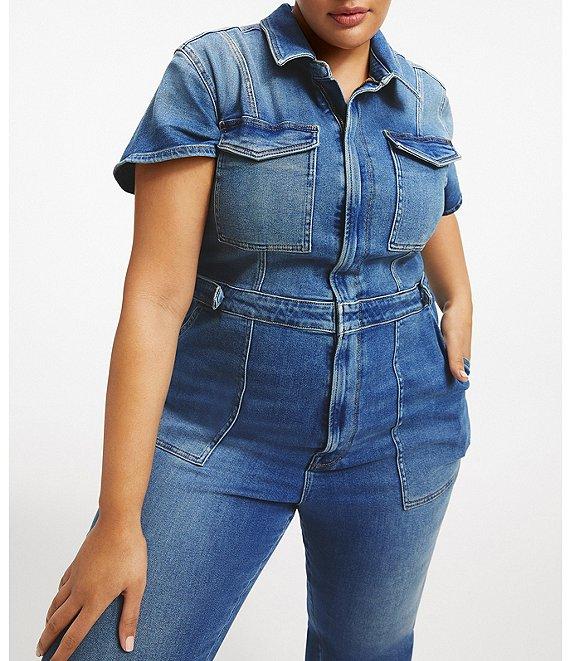 Good American Plus Size Fit For Success Short Sleeve Point Collar Straight Leg Stretch Denim Jumpsuit Product Image