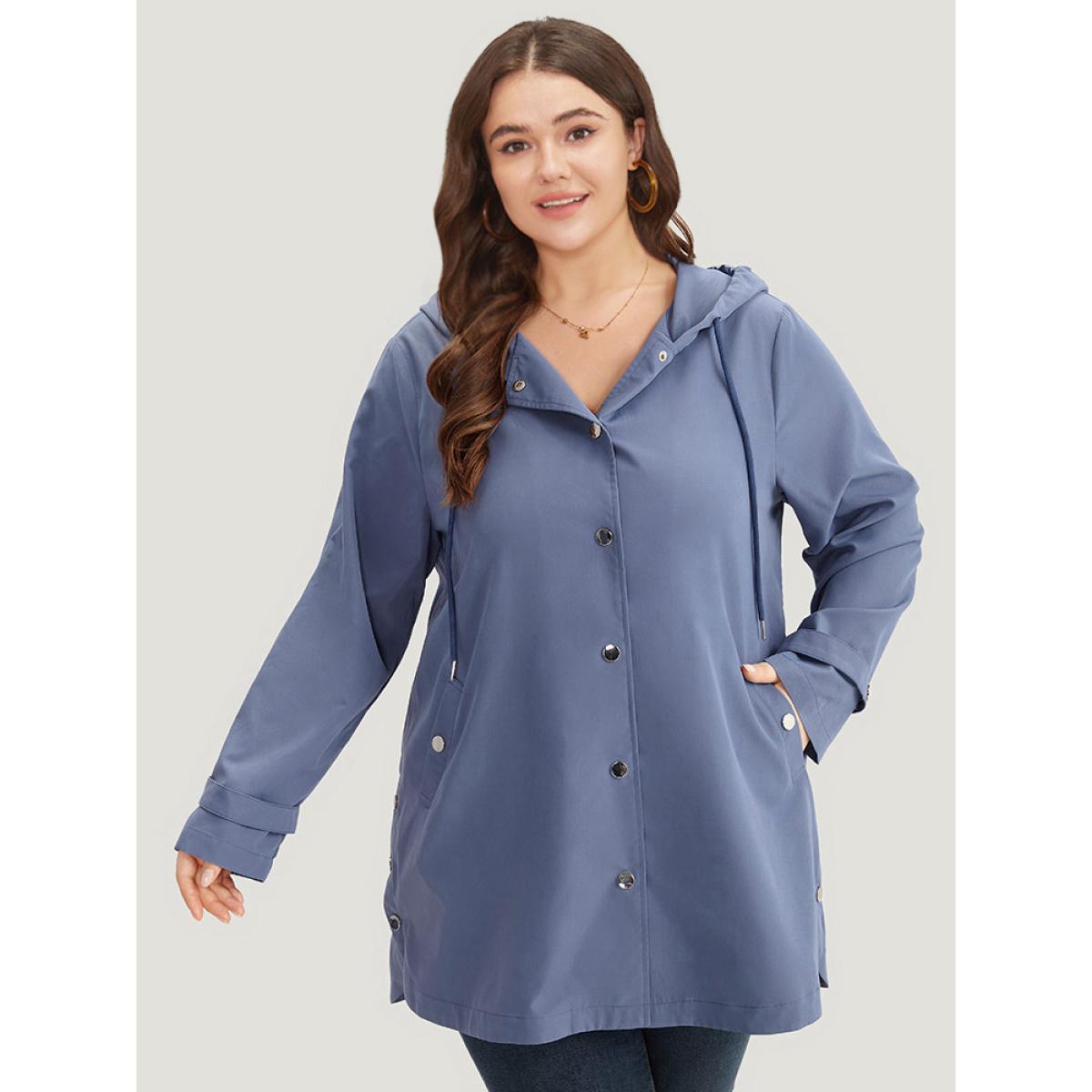 Plus Size Plain Button Detail Hooded Drawstring Coat Women DarkBlue Casual Plain Ladies Dailywear Winter Coats BloomChic 10/M Product Image
