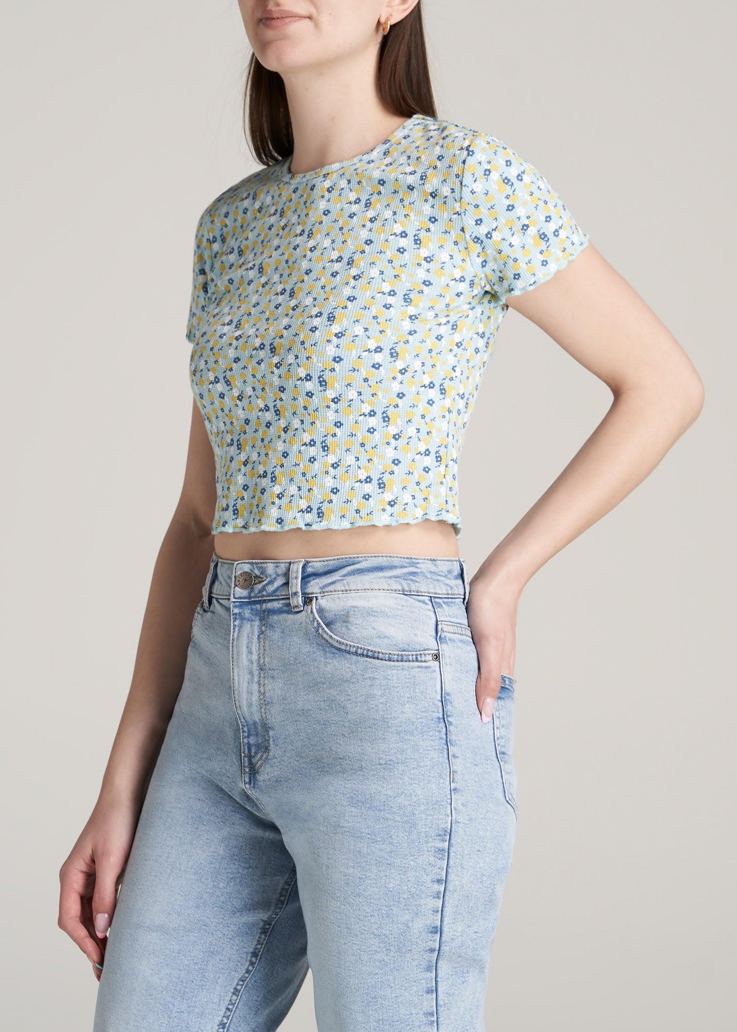 Cropped Waffle Tee for Tall Women in Corydalis Blue Floral Female Product Image