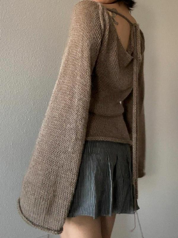 Solid Color Backless Lace Up Long Sleeve Knit Product Image