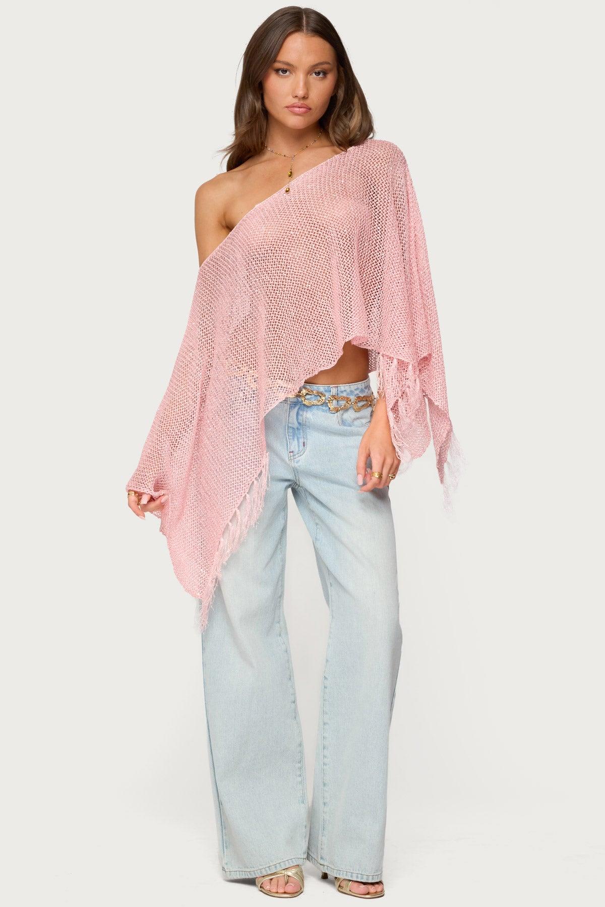 Sequin Fringe Knit Poncho Product Image