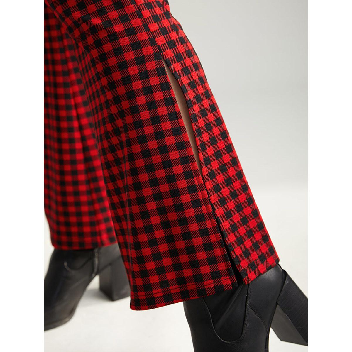 Plus Size Gingham Bootcut Split Hem Metal Detail Pants Women Raspberry Elegant Flare Leg High Rise Festival-Christmas Pants BloomChic 30/6X Product Image