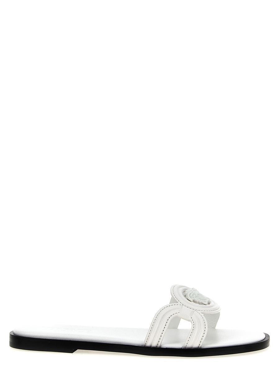 VERSACE Medusa Leather Flat Slide Sandals In White Product Image