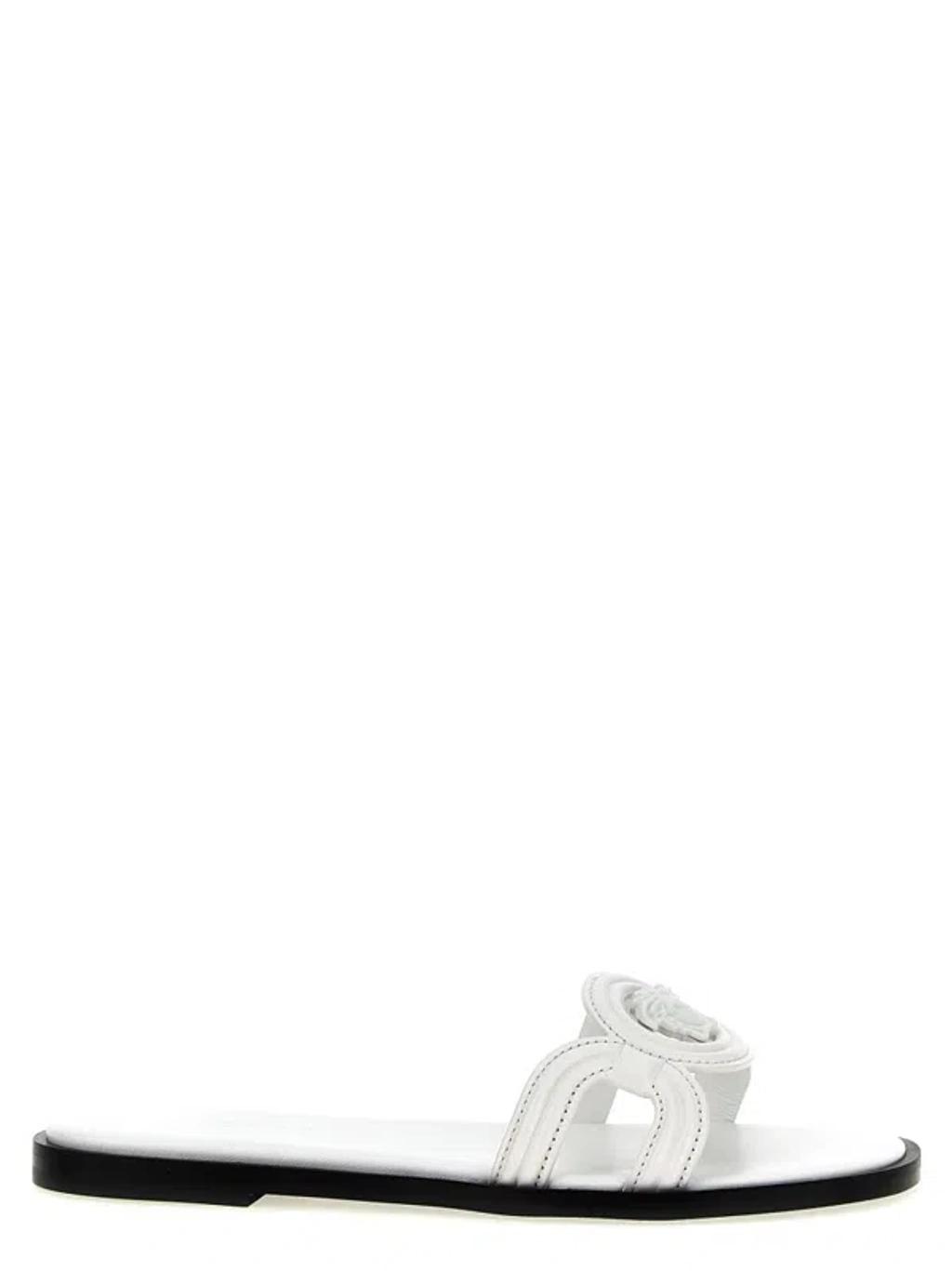 VERSACE Medusa Leather Flat Slide Sandals In White Product Image