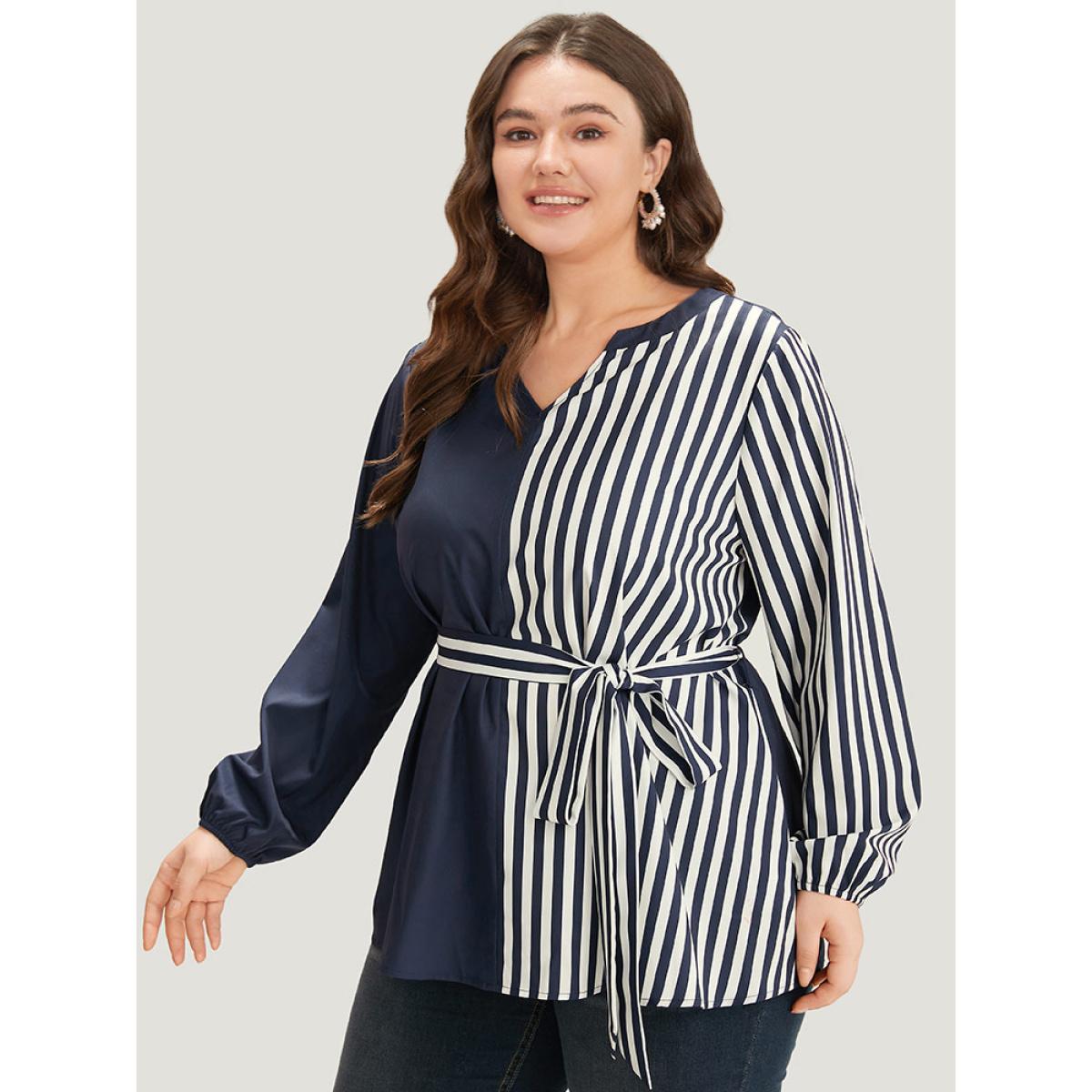 Plus Size Indigo Striped Patchwork Notched Belted Lantern Sleeve Blouse Women Office Long Sleeve V-neck Office Blouses BloomChic 14-16/1X Product Image