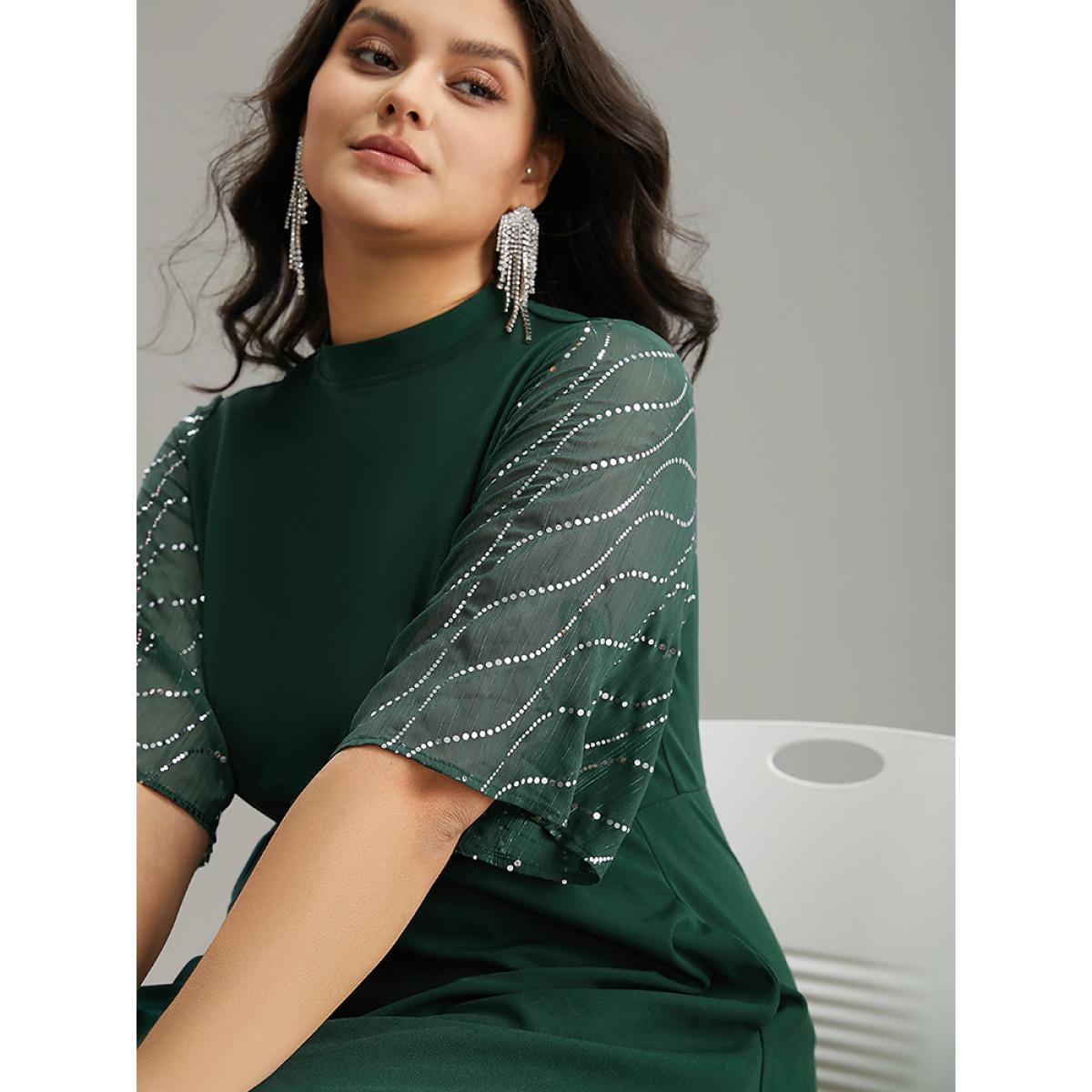 Plus Size Plain Mesh Sequin Patchwork Ruffle Sleeve Dress DarkGreen Women Party Sequin Stand-up collar Short sleeve Curvy Midi Dress BloomChic 14-16/1X Product Image