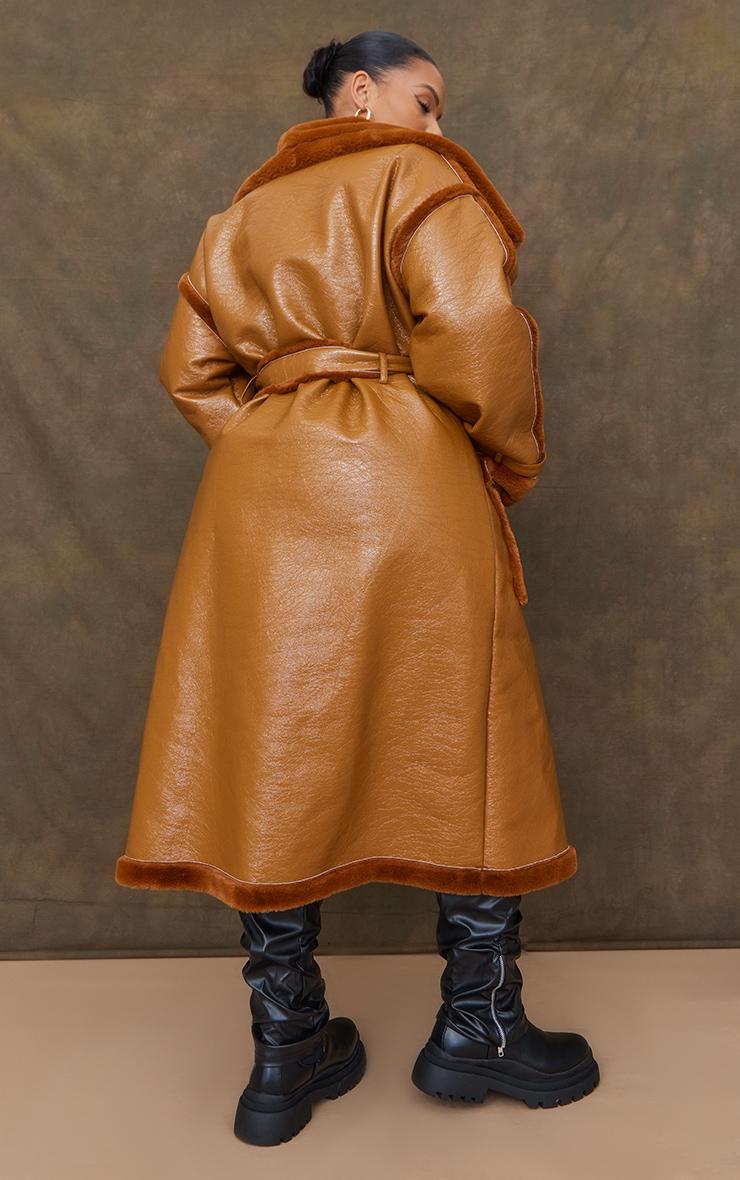 Plus Camel Vinyl Contrast Faux Fur Midi Coat Product Image