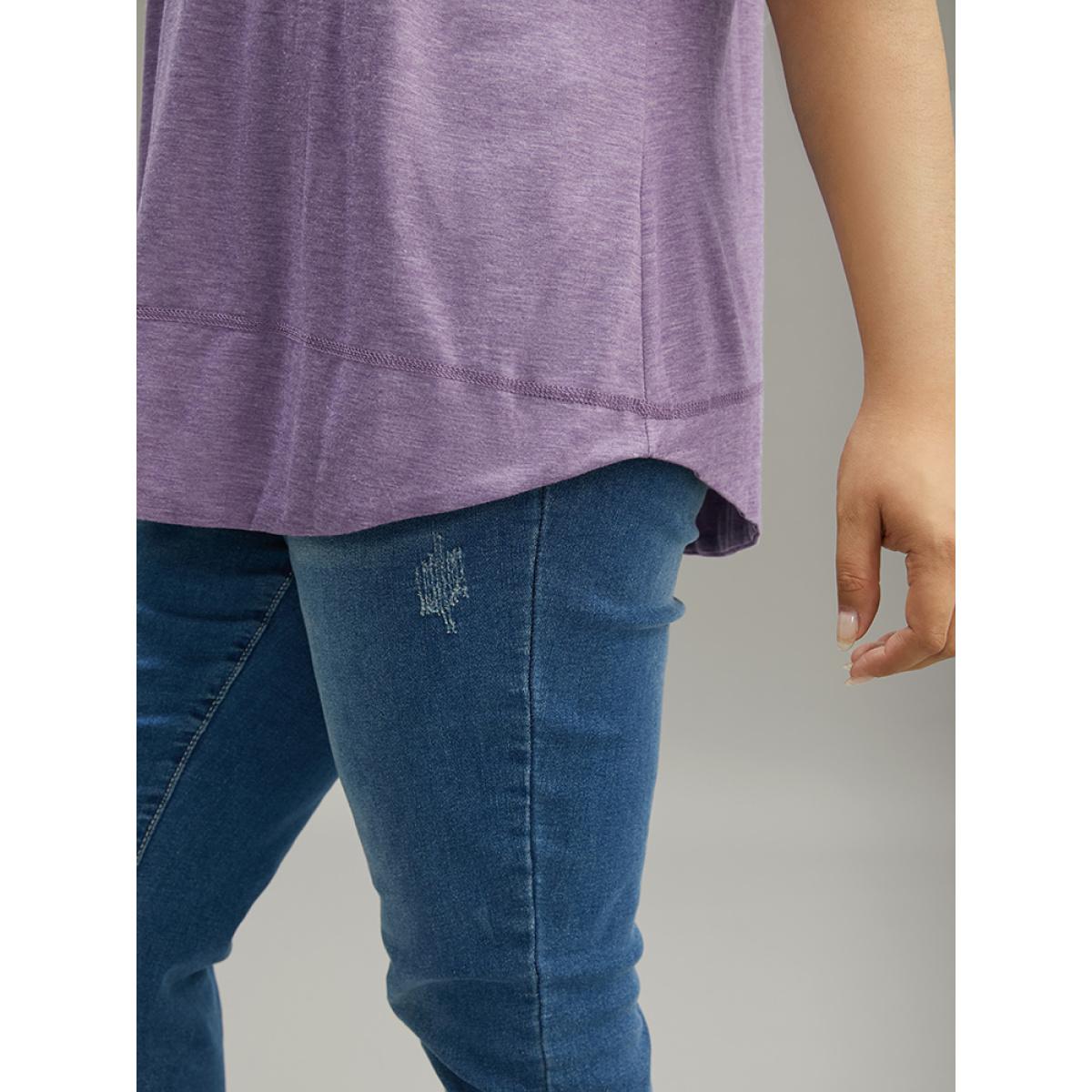 Plus Size Contrast Stitch Round Neck Curved Hem T-shirt Purple Women Casual Plain Plain Round Neck Dailywear T-shirts BloomChic 28/5X Product Image