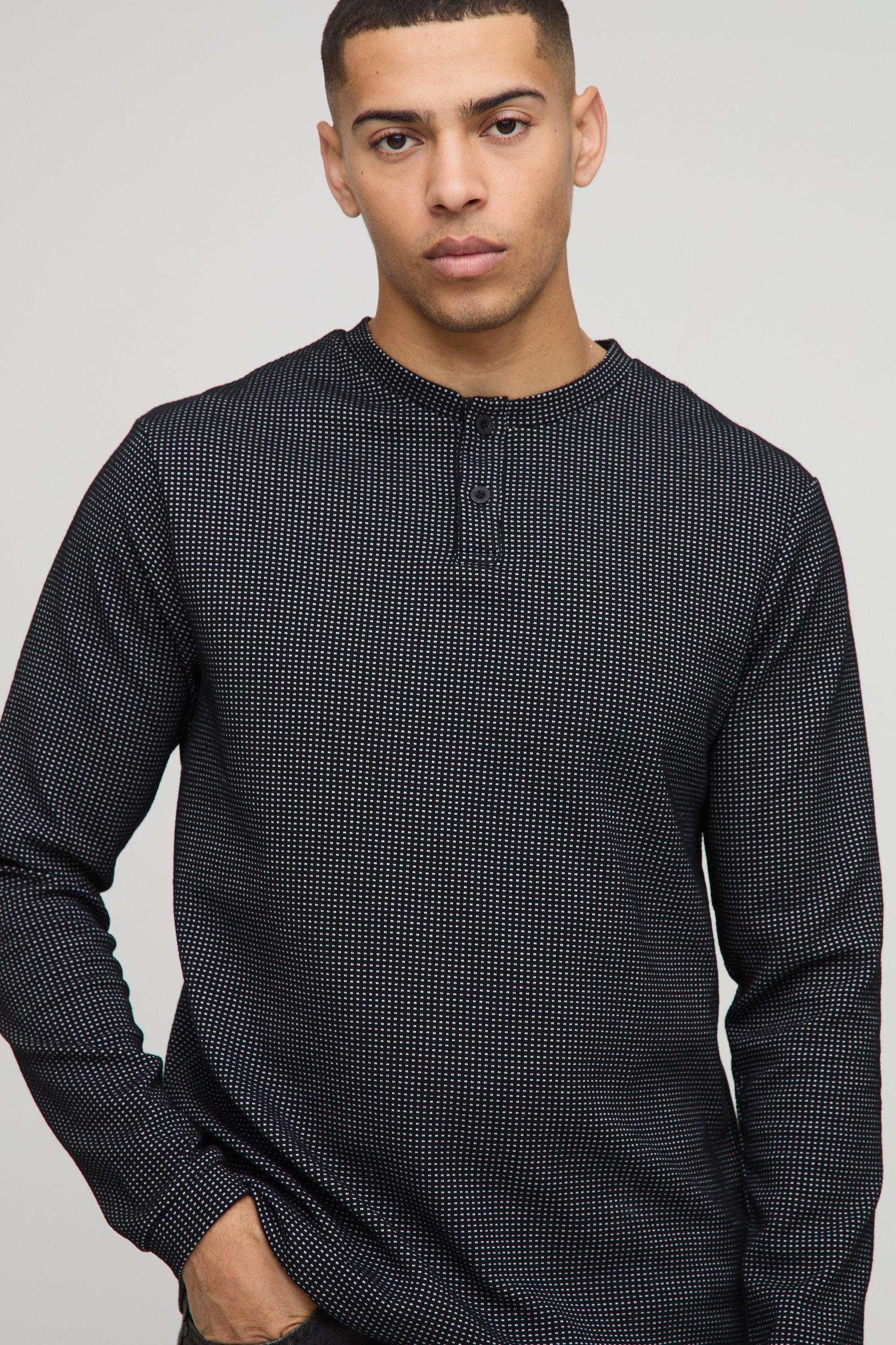 Regular Fit Long Sleeve Contrast Waffle Button Neck T-Shirt | boohooMAN USA Product Image