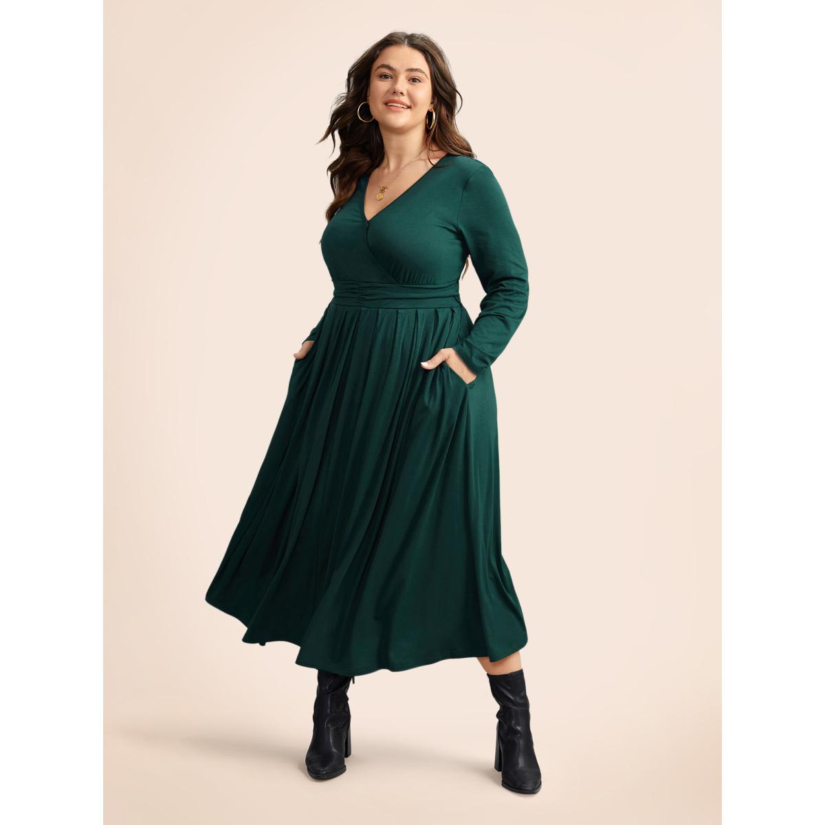 Plus Size Supersoft Essentials Ruched Wrap Pleated Hem Dress DarkGreen Women Casual Non Overlap Collar Long Sleeve Curvy Midi Dress BloomChic 14-16/1X Product Image
