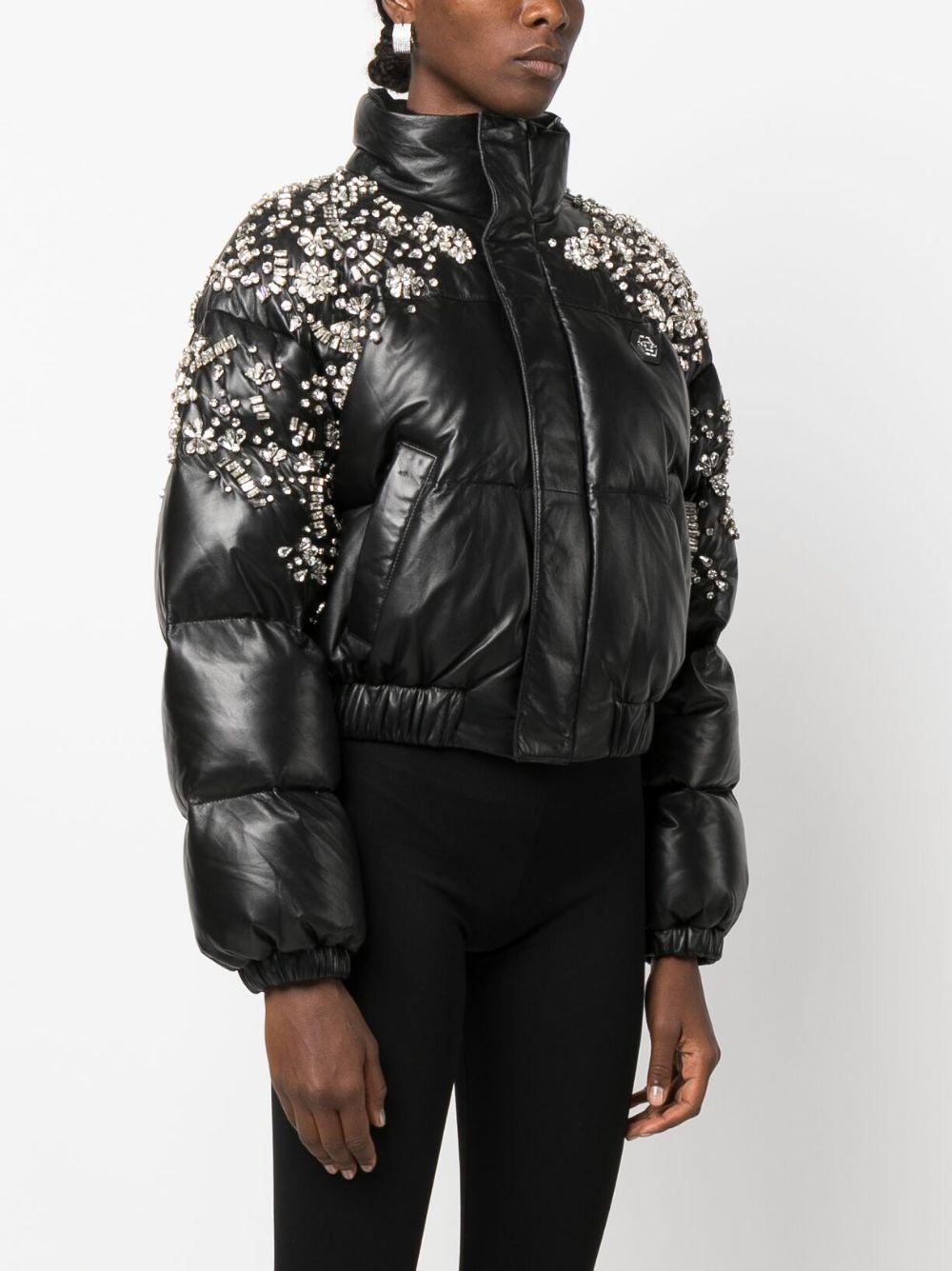 crystal-embellished leather puffer jacket Product Image